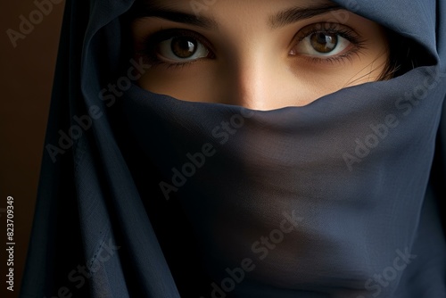 Close-up of a woman's captivating eyes with her face veiled in a sheer fabric