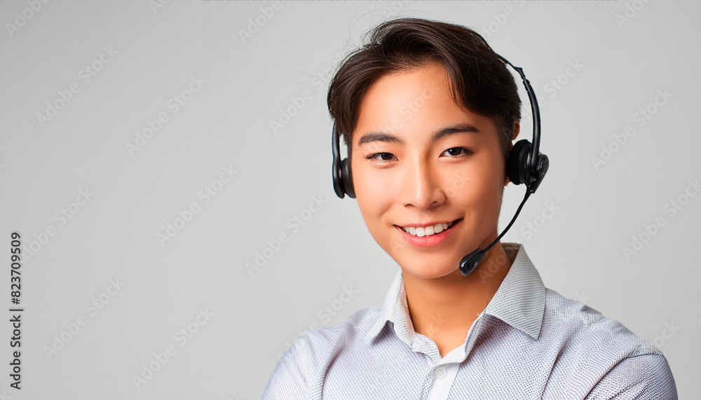 A portrait of an Asian customer service representative, teleoperator, set against a white background with space for text.