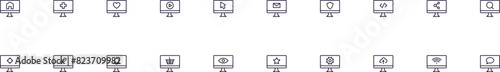 Items on computer line icons pack. Simple outline sign and editable stroke for web sites, articles, books, apps