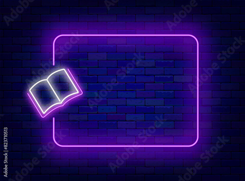 Stationery store neon poster. Back to school. Special offer invitation. Shiny greeting card. Empty purple frame and open book. Glowing banner. Editing text. Vector stock illustration