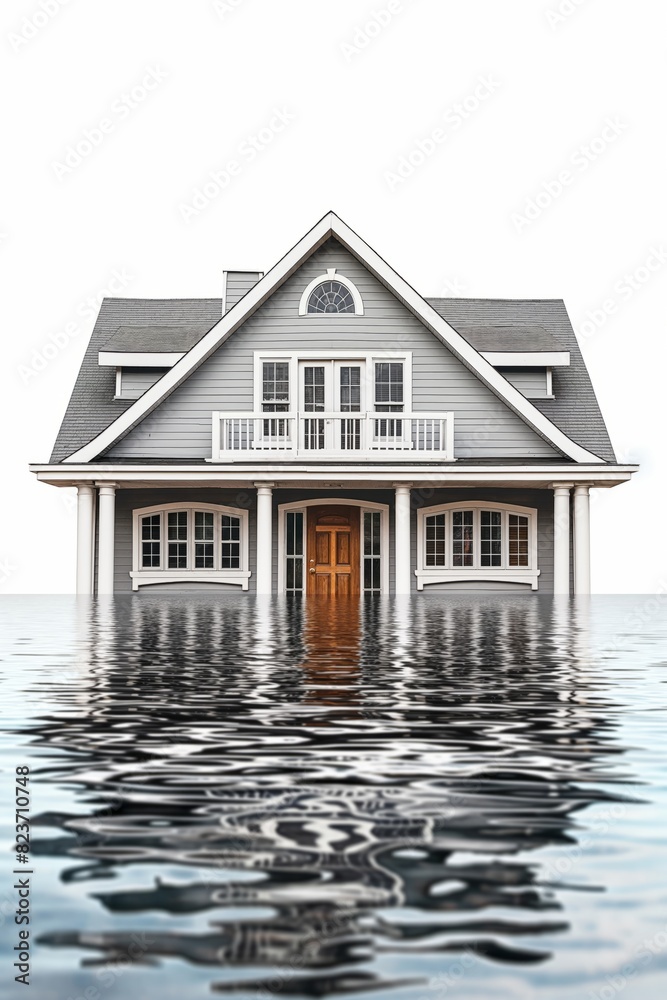 landscape with flooded house and water surface, concept image natural disaster in consequence of climate change landscape with flooded house and water surface, concept image natural disaster in consequence of climate change