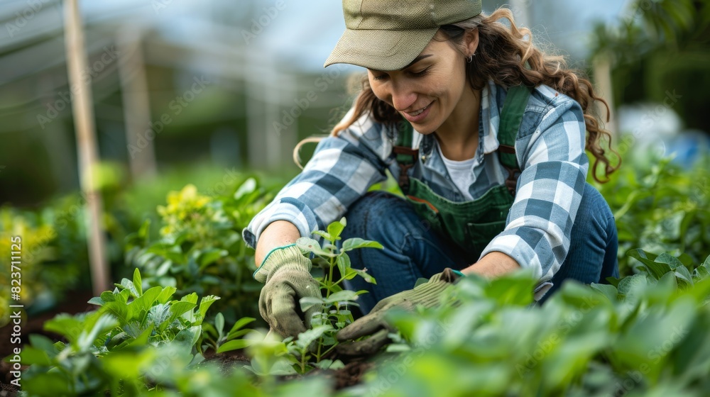 A woman is tending to a garden, wearing a hat and apron A woman is tending to a garden, wearing a hat and apron
