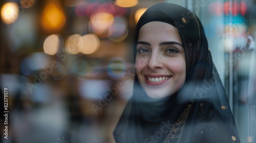 A Muslim woman wearing a hijab smiles for the camera