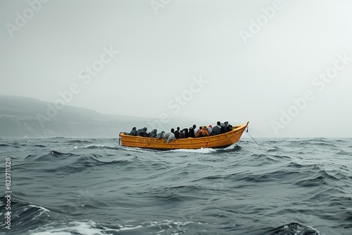 Mediterranean Sea migrant boat carrying several people. Generative Ai