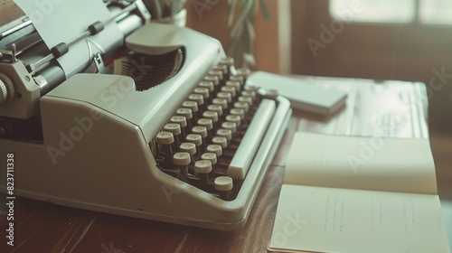 Retro Typewriter on Vintage Wooden Desk with Blank Sheet