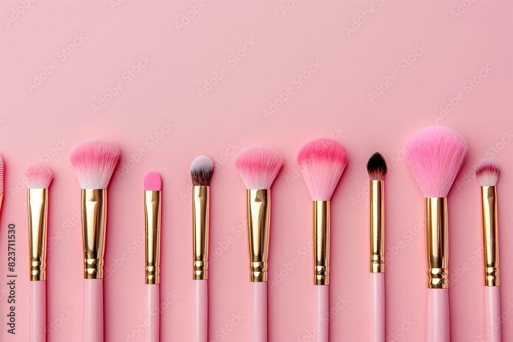 row of different makeup brushes with pink shiny handles on a pastel pink background, flat lay row of different makeup brushes with pink shiny handles on a pastel pink background, flat lay
