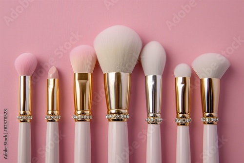 row of different makeup brushes with pink shiny handles on a pastel pink background, flat lay