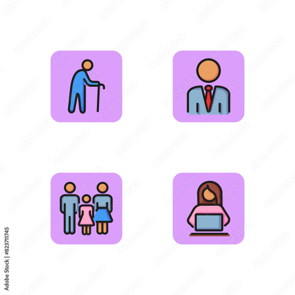 People line icon set. Blogger girl, businessman, family with kid and old man with cane. Generations concept. Vector illustration for web design and apps