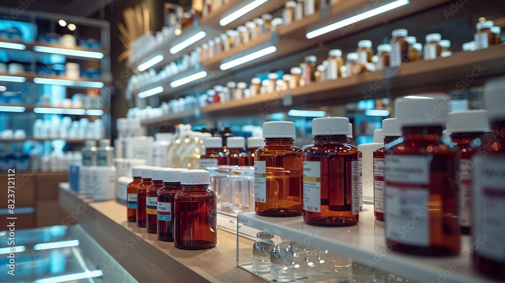 Pharmaceutical Bottles in a Modern Pharmacy with Blue and White Shelves