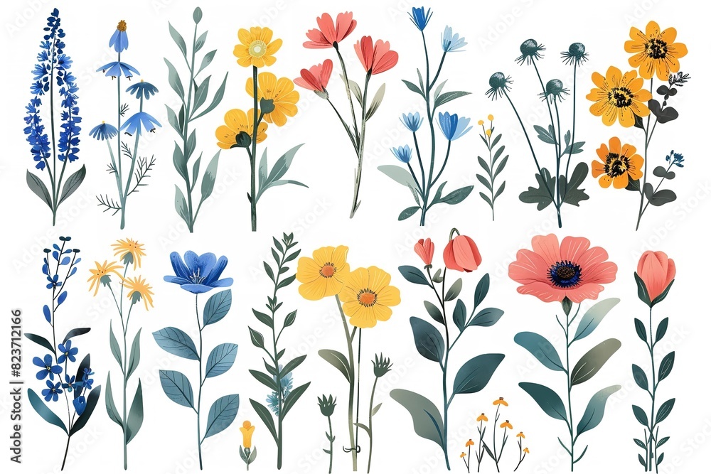 Several whimsical floral and natural design motifs. Generative Ai