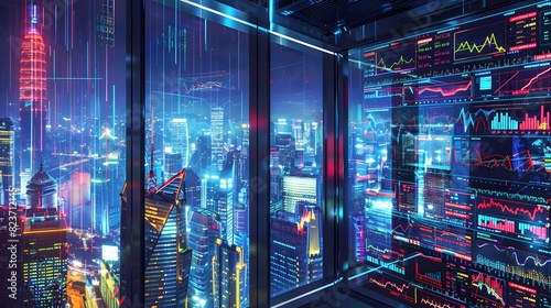 Futuristic Neon Lit Cityscape with Digital Displays and Data Visualizations