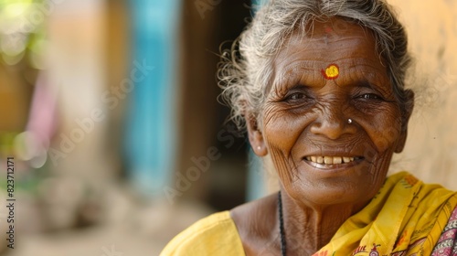 Smiling old Indian female with yellow flower on forehead photo