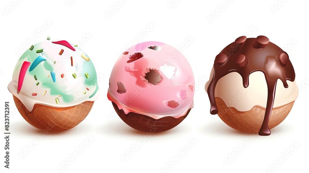 Variety of ice cream cones with sprinkles, nuts and sauce isolated on white