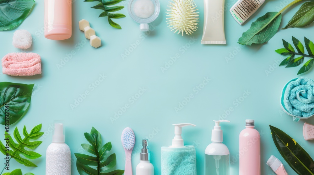 Top view of various skincare bottle containers and green leaves on pastel background Spa and wellness layout for pampering Top view of various skincare bottle containers and green leaves on pastel background Spa and wellness layout for pampering