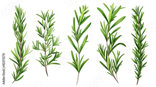 Collection of fresh rosemary sprigs isolated on white background for culinary use photo