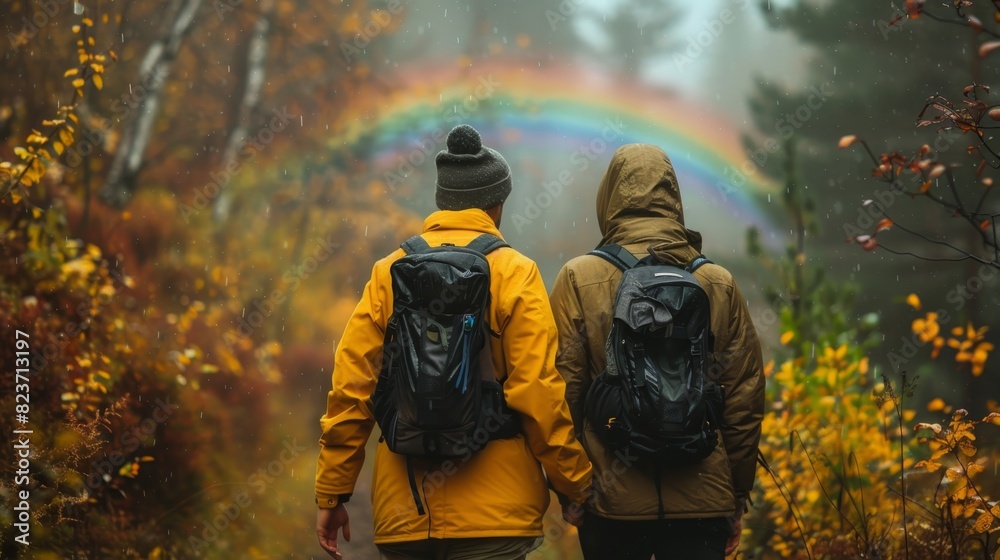 a couple go hiking in mountain together a couple go hiking in mountain together
