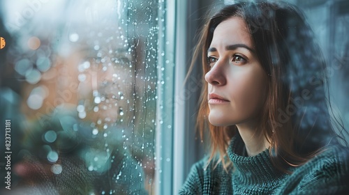 Woman looking out of a rainy window. Reflective and calming. Concept of introspection and solitude. Modern and serene portrait. AI