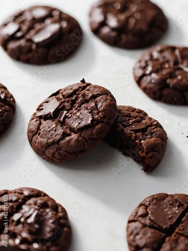 Tempting chocolate cookies displayed on white