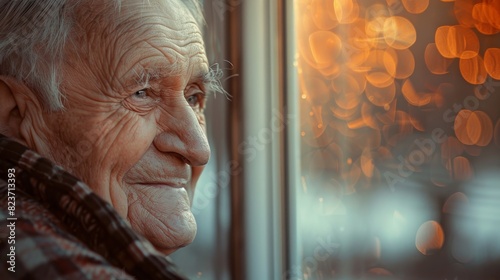 An elderly Caucasian man happily observes the street from a window photo