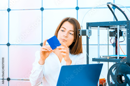 young woman working on a 3D printer in a design office