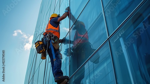 man is seen standing on a window washer platform, diligently cleaning windows on a high-rise building.