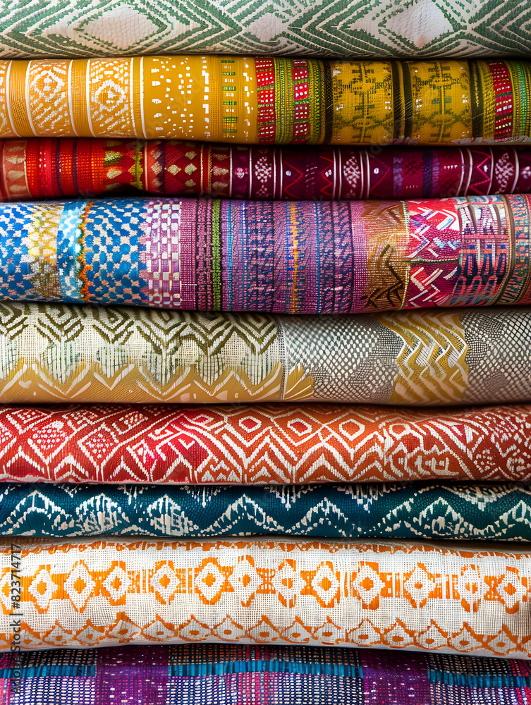 A stack of colorful fabrics with a variety of patterns and designs. The colors and patterns create a sense of vibrancy and diversity A stack of colorful fabrics with a variety of patterns and designs. The colors and patterns create a sense of vibrancy and diversity