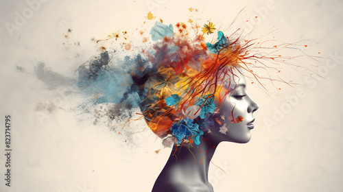Neural Network of Female Creativity: Profile of Woman's Head with Colorful Neuronal Connections Symbolizing ADHD and ADD Concept photo
