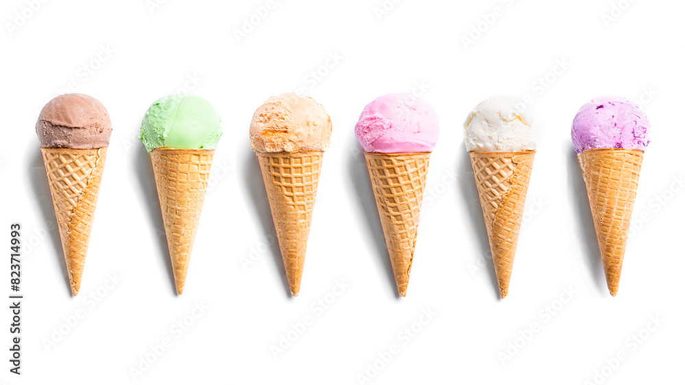 Set of various ice cream scoops in waffle cones