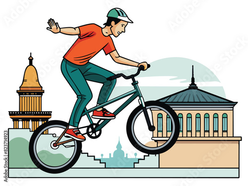 world bicycle day Young boy and girl  doing mid-air stunt on BMX bike against sky, Hero's Square and  Eiffel tower Budapest, Hungary