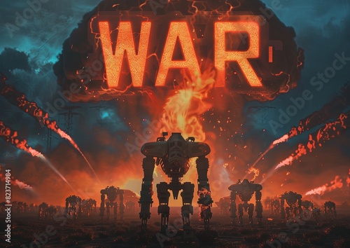 Atomic war with a nuclear bomb, military intelligent robots and drones rule the earth, world conflict between nuclear powers.
