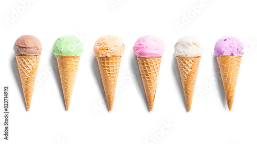 Set of various ice cream scoops in waffle cones