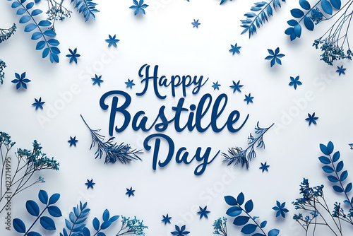 Bastille Day Greeting with Blue Floral Decorations on White Background