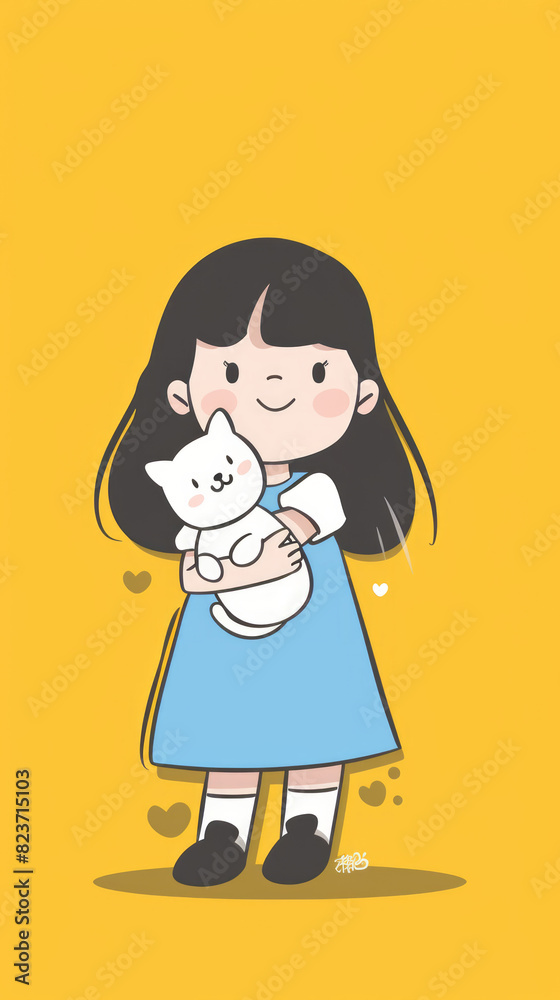 Simple Flat Illustration: Girl in Blue Dress Holding White Cat
Simple Flat Illustration: Girl in Blue Dress Holding White Cat
