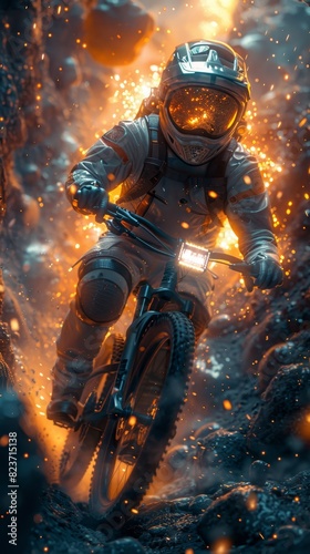 A rides a mountain bike through a fiery, otherworldly landscape.