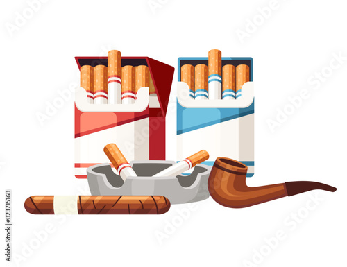Cigarette in cardboard box with ashtray and cigar vector illustration isolated on white background © An-Maler