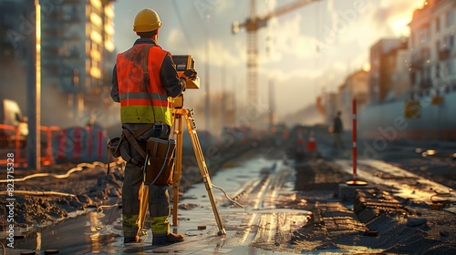 A construction worker is seen standing confidently in front of a camera, wearing a hard hat and safety gear. photo