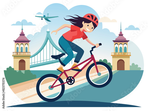 world bicycle day Young boy and girl  doing mid-air stunt on BMX bike against sky, Hero's Square and  Eiffel tower Budapest, Hungary