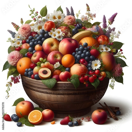 A still life painting of assorted fruit in a rustic wooden bowl on white background
