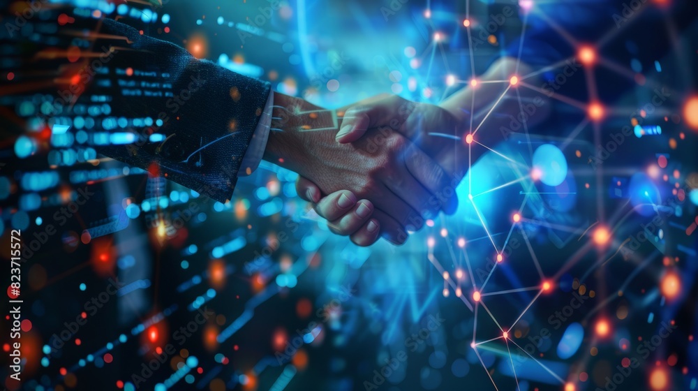 Close up of business people shaking hands against technology background, leader, teamwork, target, Aim, confident, achievement, goal, on plan, finish, generate by AI