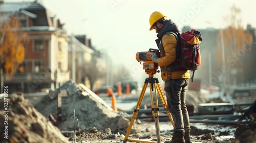 A construction worker is seen standing confidently in front of a camera, wearing a hard hat and safety gear. 