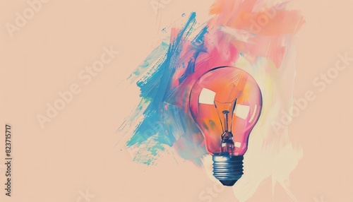 Illuminated light bulb with colorful paint splotch, creative idea concept for art and design inspiration