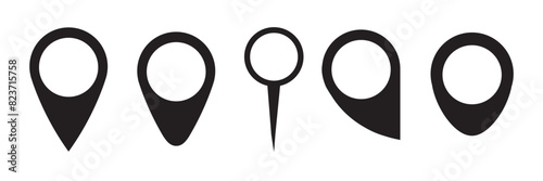 A set of map pin icons in various shapes. Location pointers. Editable vectors.