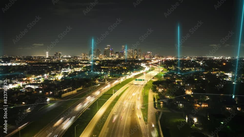 Experience a fast paced cityscape with digital data overlays. Urban analytics and futuristic environments with vibrant data visualizations