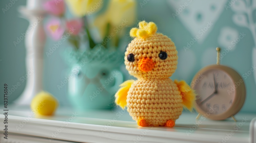 Handmade crochet chick doll on white dresser in baby room generative ai