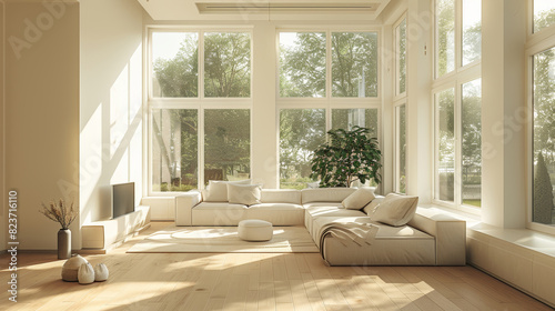Warm and bright minimalist living room with ecofriendly design and garden view, beautiful rug © garpinina