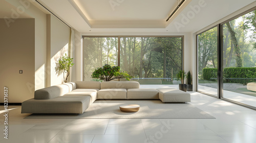 Warm and bright minimalist living room with ecofriendly design and garden view  beautiful rug