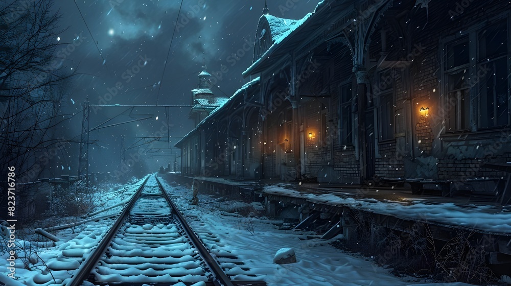 Naklejka premium Generate snowy train station scenes with dark skies using AI.