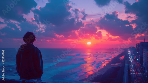 Lofi Lo-fi hooded guy overlooking the scenery, a young guy with a hoodie, illustration, wallpaper, backdrop 16:9 photo