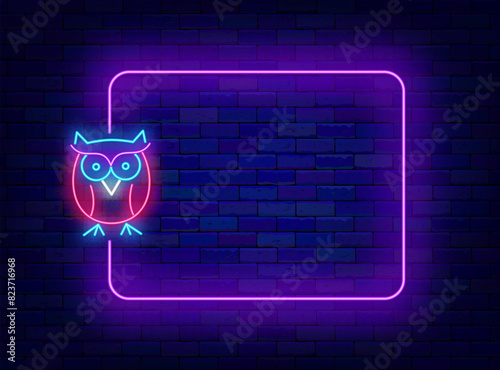 Study concept neon poster. Back to school. Shiny greeting card. Empty pink frame and owl symbol. Smart science. Glowing banner. Editing text. Copy space. Vector stock illustration