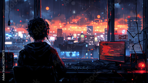 Lofi Lo-fi hooded guy overlooking the scenery, a young guy with a hoodie, illustration, wallpaper, backdrop 16:9 © Sunshine Studio